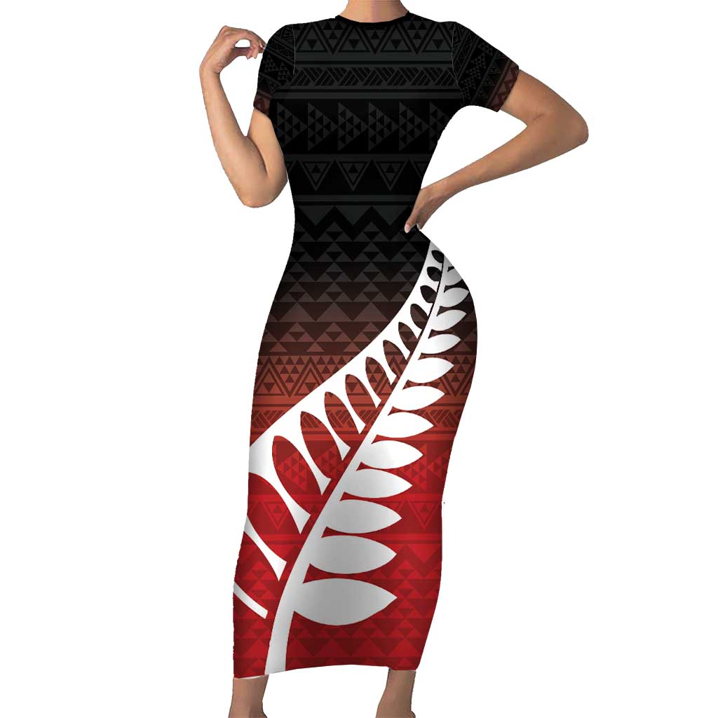 Red Silver Fern Spirit Taniko Tukutuku Personalised Short Sleeve Bodycon Dress LT9 Long Dress Red - Polynesian Pride