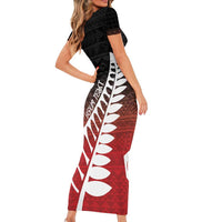 Red Silver Fern Spirit Taniko Tukutuku Personalised Short Sleeve Bodycon Dress LT9 - Polynesian Pride