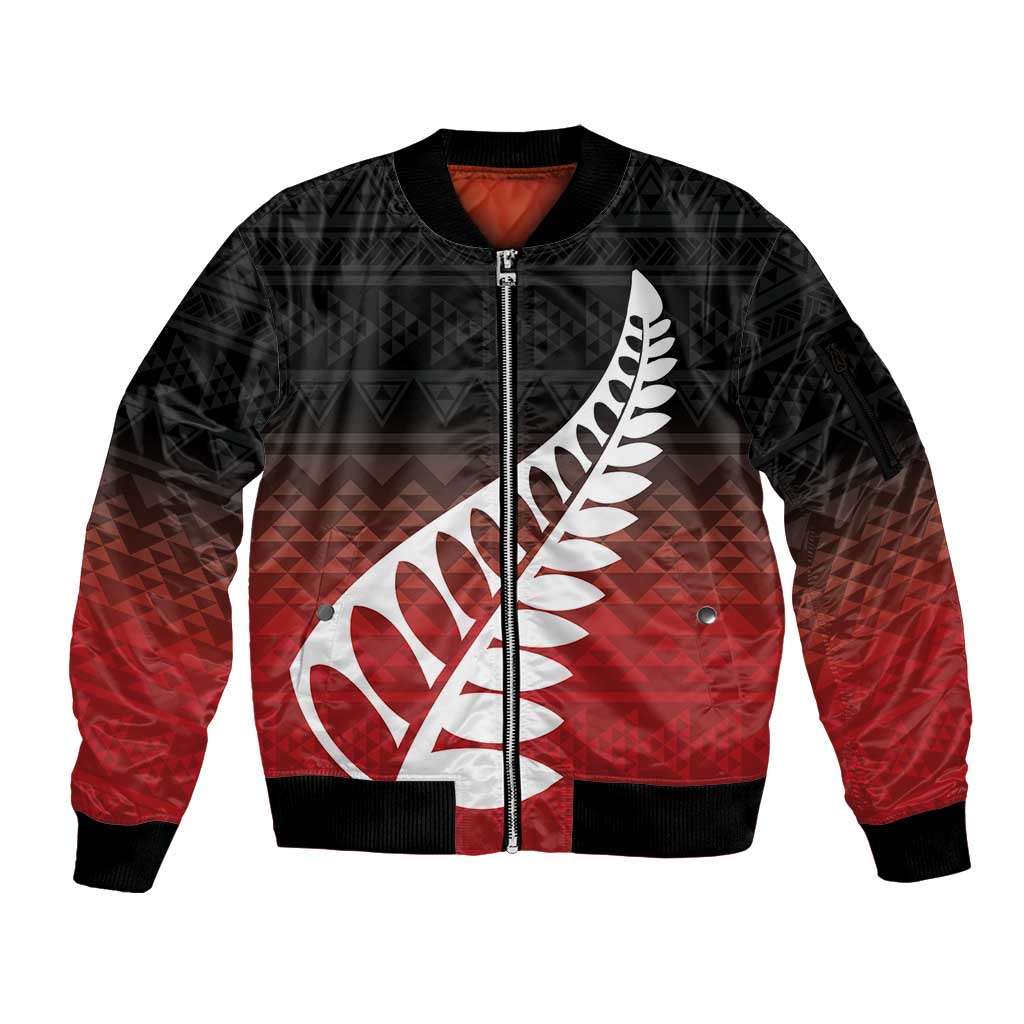 Red Silver Fern Spirit Taniko Tukutuku Personalised Sleeve Zip Bomber Jacket LT9 Unisex Red - Polynesian Pride