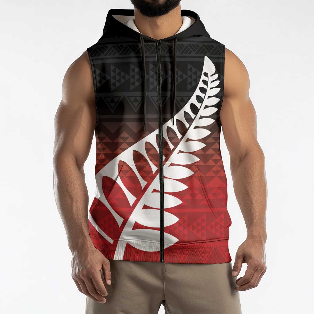Red Silver Fern Spirit Taniko Tukutuku Personalised Sleeveless Zip Hoodie - Polynesian Pride