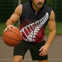 Red Silver Fern Spirit Taniko Tukutuku Personalised Sleeveless Zip Hoodie - Polynesian Pride