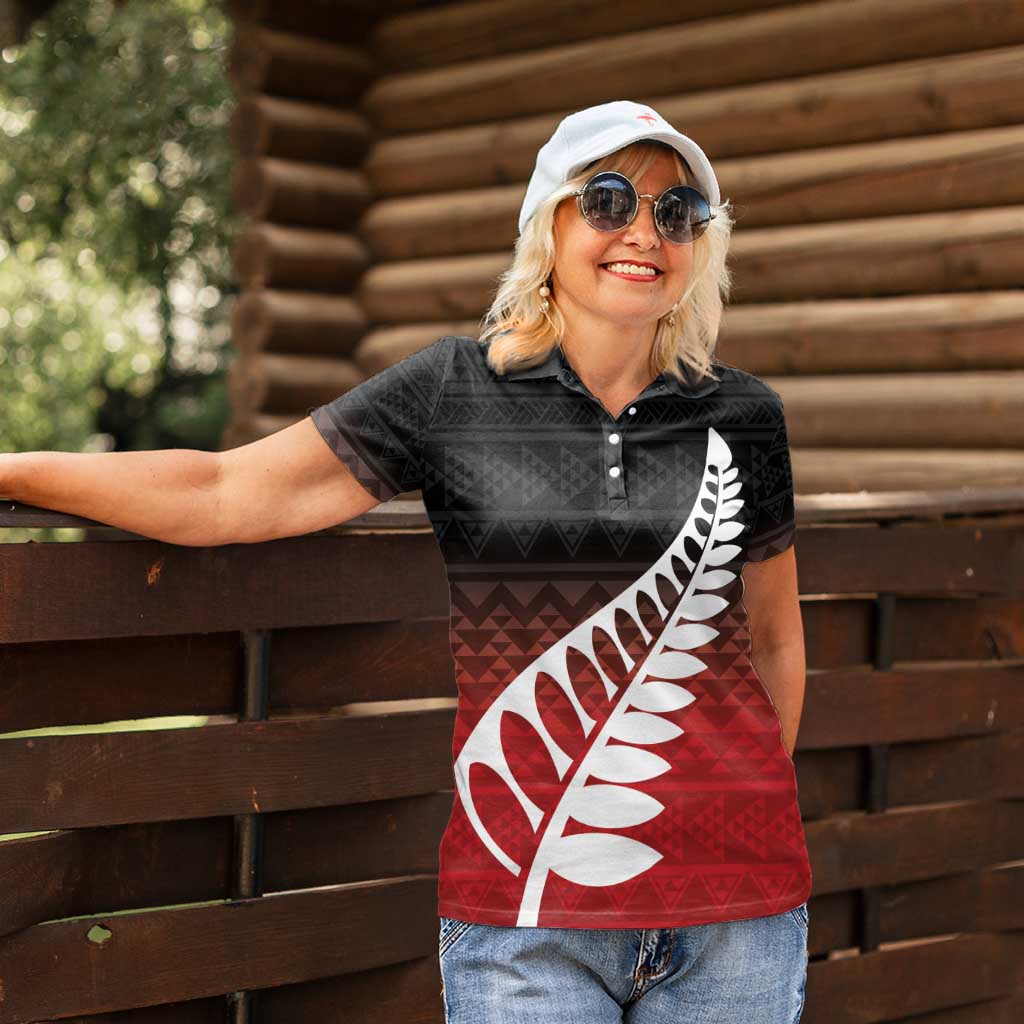 Red Silver Fern Spirit Taniko Tukutuku Personalised Women Polo Shirt LT9 - Polynesian Pride