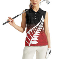 Red Silver Fern Spirit Taniko Tukutuku Personalised Women Sleeveless Polo Shirt LT9 - Polynesian Pride