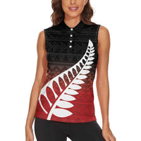 Red Silver Fern Spirit Taniko Tukutuku Personalised Women Sleeveless Polo Shirt LT9 - Polynesian Pride