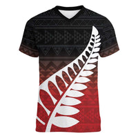 Red Silver Fern Spirit Taniko Tukutuku Personalised Women V-Neck T-Shirt LT9 Female Red - Polynesian Pride