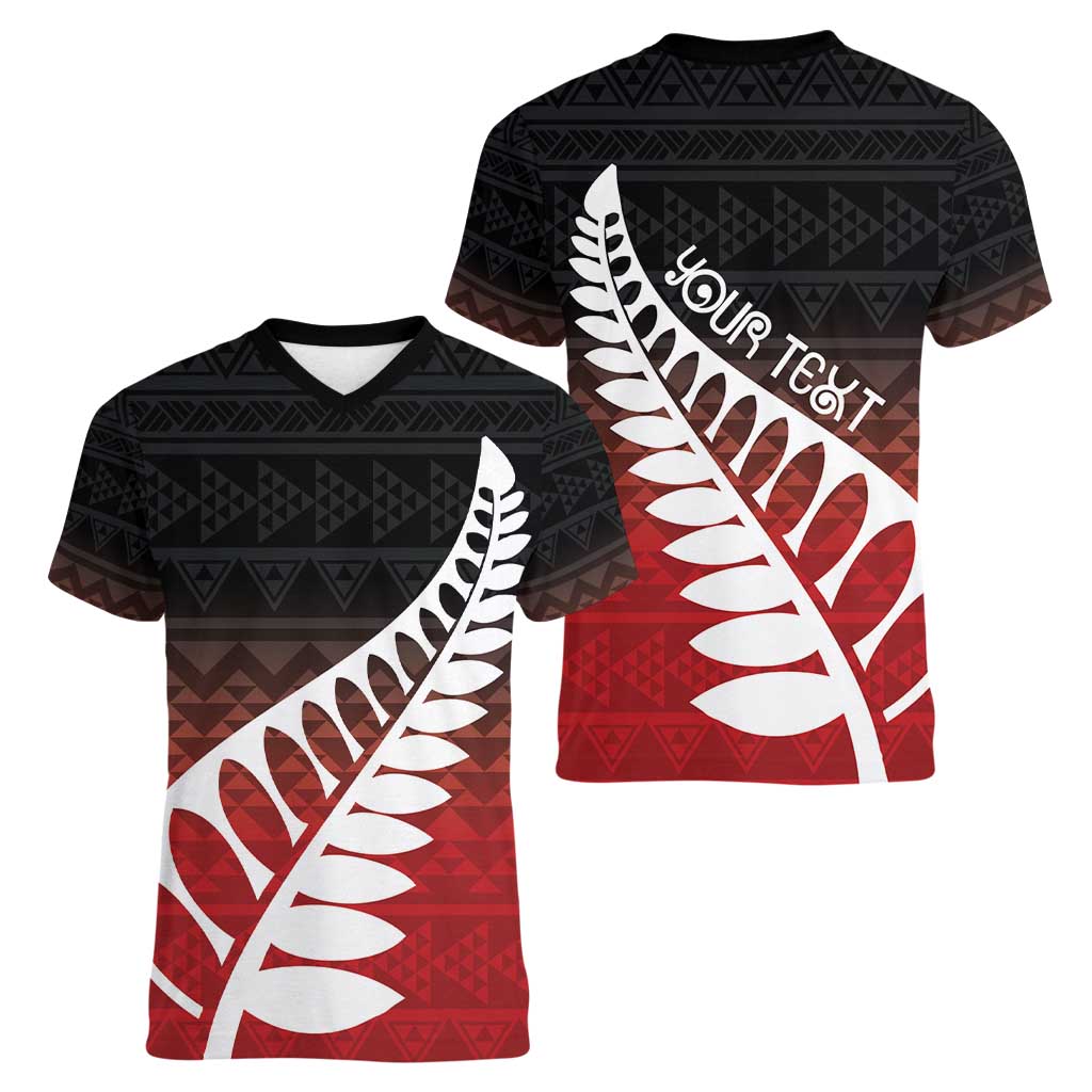 Red Silver Fern Spirit Taniko Tukutuku Personalised Women V-Neck T-Shirt LT9 - Polynesian Pride