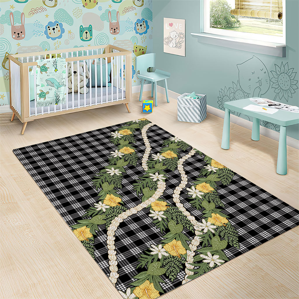 Aloha Puakenikeni Anthurium Pikake Lei Area Rug Black Hawaiian Palaka Pattern