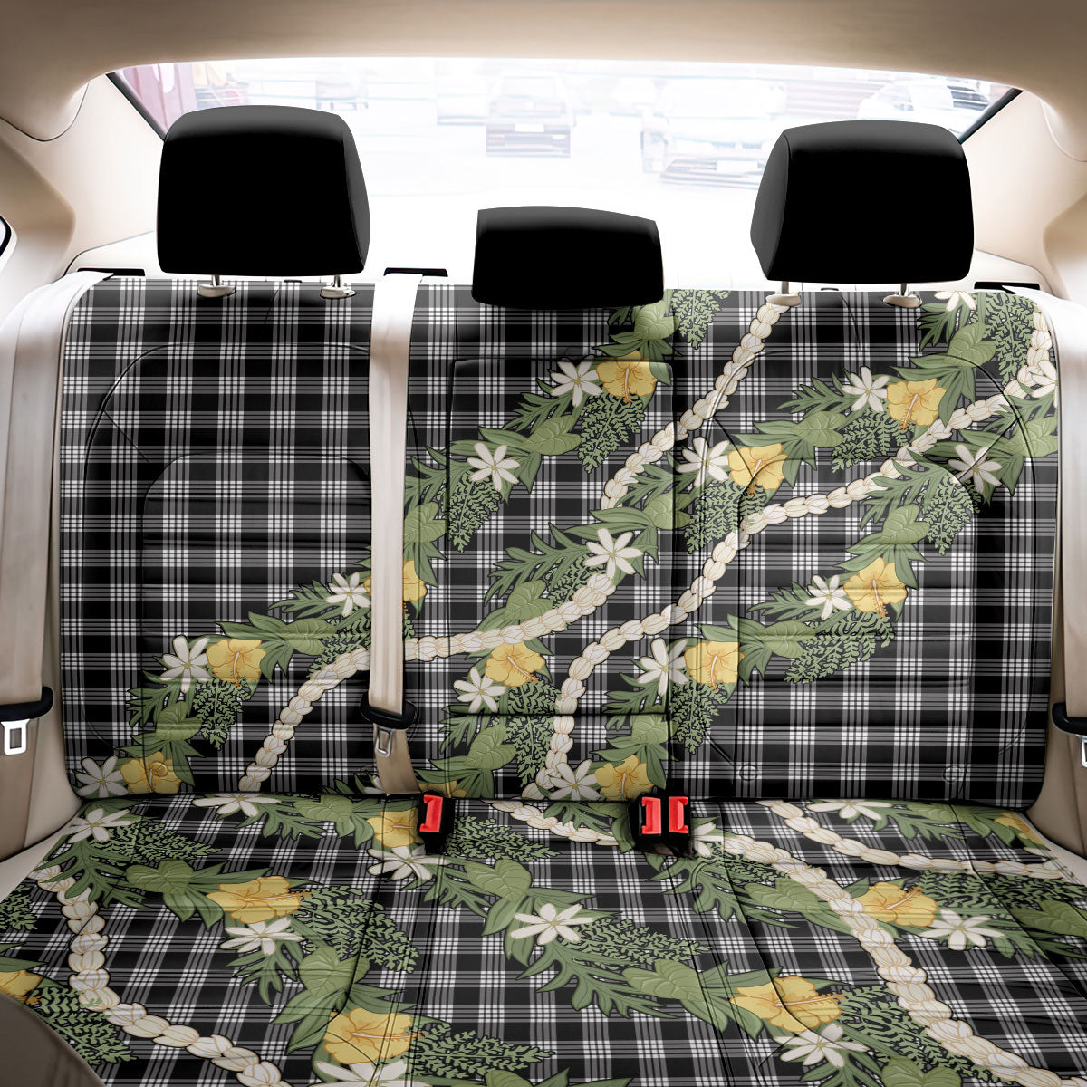 Aloha Puakenikeni Anthurium Pikake Lei Back Car Seat Cover Black Hawaiian Palaka Pattern