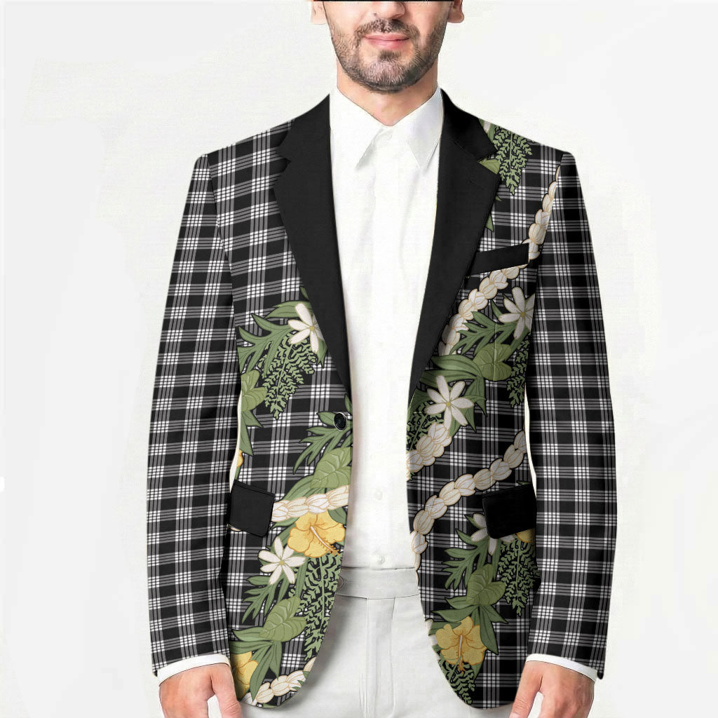 Aloha Puakenikeni Anthurium Pikake Lei Blazer Black Hawaiian Palaka Pattern LT9 - Polynesian Pride