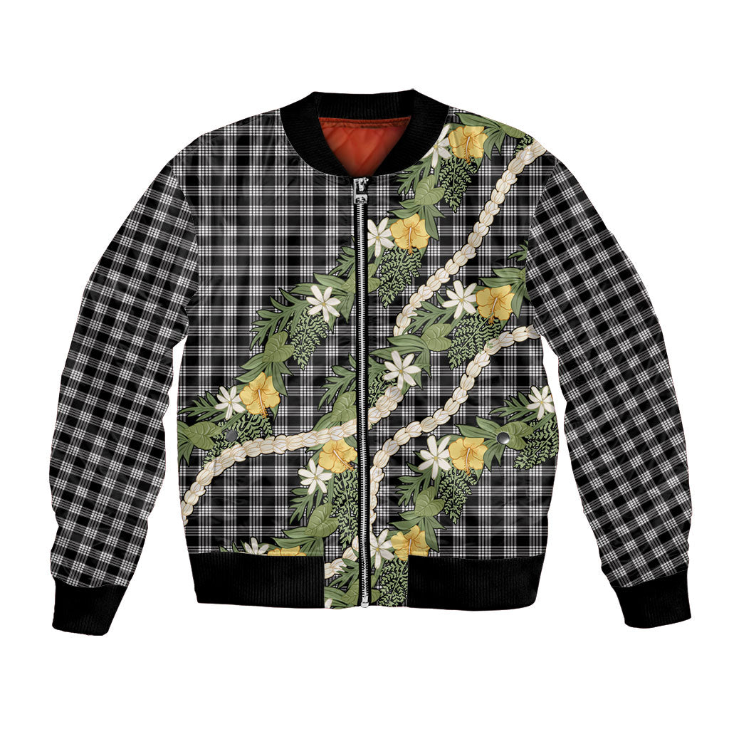 Aloha Puakenikeni Anthurium Pikake Lei Bomber Jacket Black Hawaiian Palaka Pattern