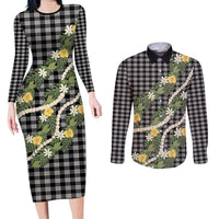 Aloha Puakenikeni Anthurium Pikake Lei Couples Matching Long Sleeve Bodycon Dress and Long Sleeve Button Shirt Black Hawaiian Palaka Pattern LT9 Black - Polynesian Pride