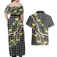 Aloha Puakenikeni Anthurium Pikake Lei Couples Matching Off Shoulder Maxi Dress and Hawaiian Shirt Black Hawaiian Palaka Pattern LT9 - Polynesian Pride