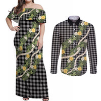 Aloha Puakenikeni Anthurium Pikake Lei Couples Matching Off Shoulder Maxi Dress and Long Sleeve Button Shirt Black Hawaiian Palaka Pattern LT9 Black - Polynesian Pride