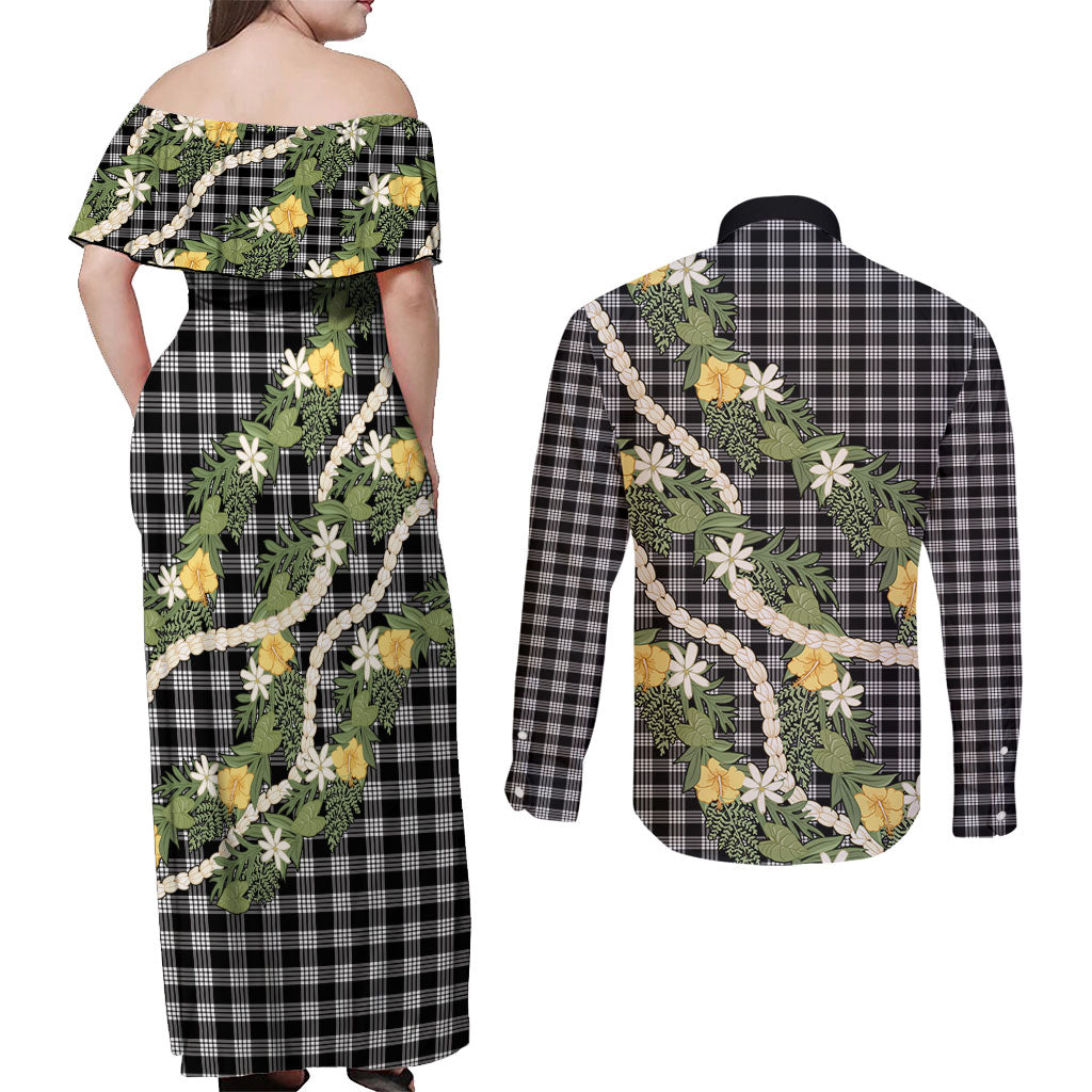 Aloha Puakenikeni Anthurium Pikake Lei Couples Matching Off Shoulder Maxi Dress and Long Sleeve Button Shirt Black Hawaiian Palaka Pattern LT9 - Polynesian Pride