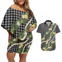 Aloha Puakenikeni Anthurium Pikake Lei Couples Matching Off Shoulder Short Dress and Hawaiian Shirt Black Hawaiian Palaka Pattern LT9 Black - Polynesian Pride