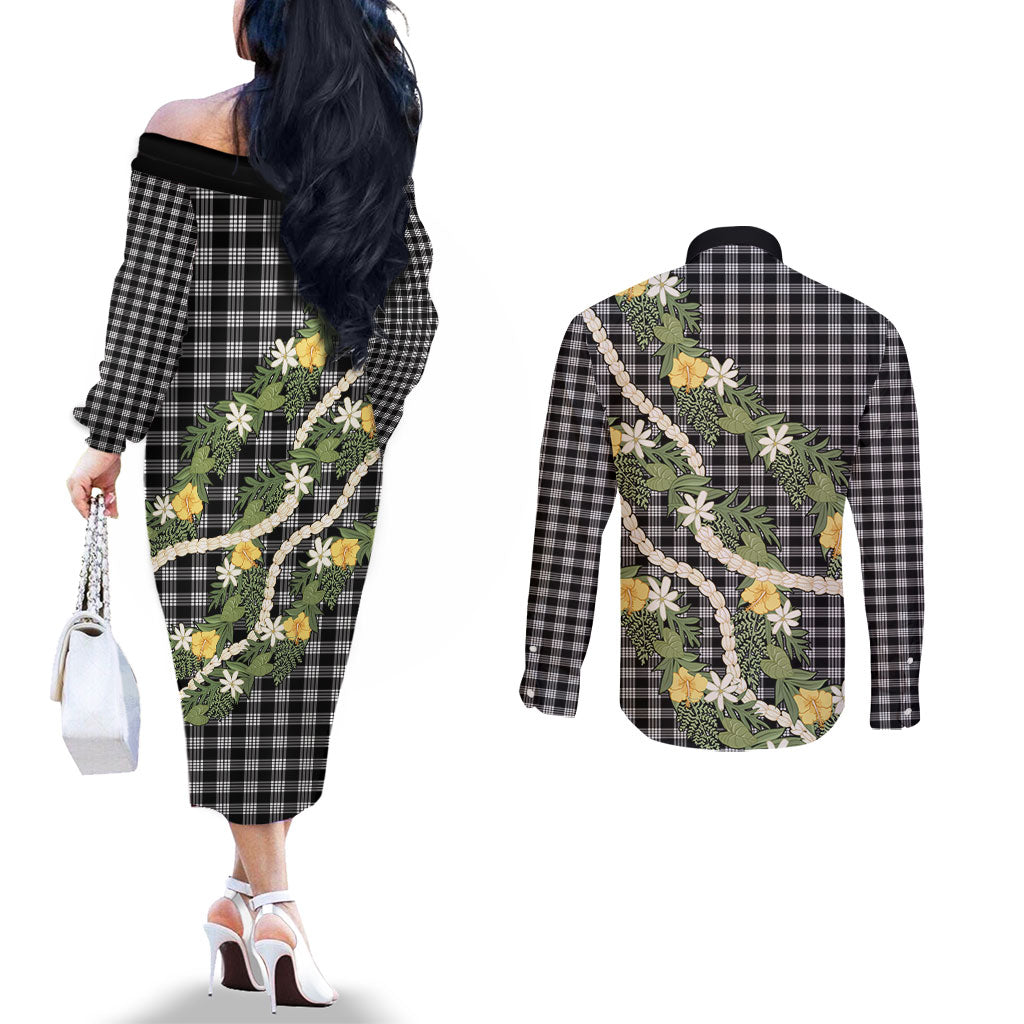 Aloha Puakenikeni Anthurium Pikake Lei Couples Matching Off The Shoulder Long Sleeve Dress and Long Sleeve Button Shirt Black Hawaiian Palaka Pattern LT9 - Polynesian Pride