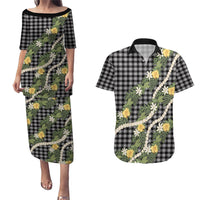 Aloha Puakenikeni Anthurium Pikake Lei Couples Matching Puletasi and Hawaiian Shirt Black Hawaiian Palaka Pattern LT9 Black - Polynesian Pride