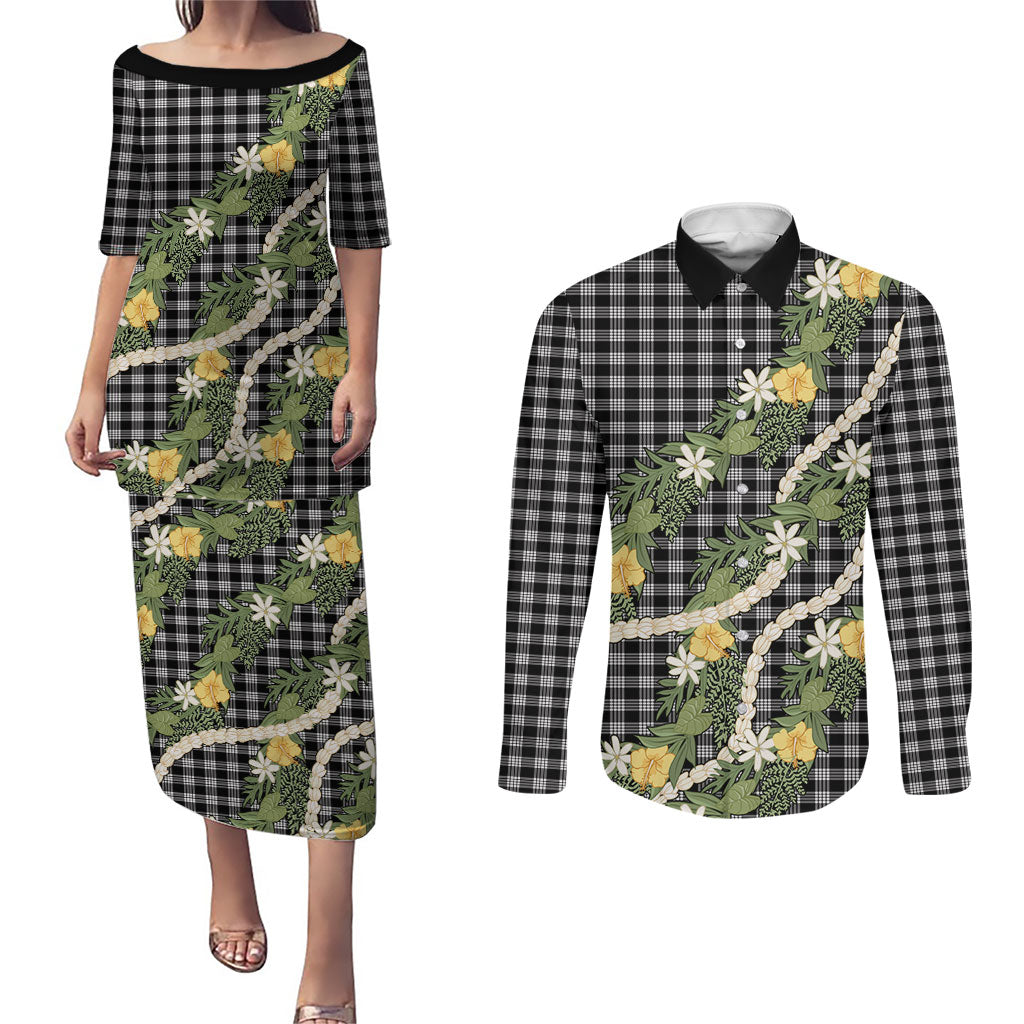Aloha Puakenikeni Anthurium Pikake Lei Couples Matching Puletasi and Long Sleeve Button Shirt Black Hawaiian Palaka Pattern