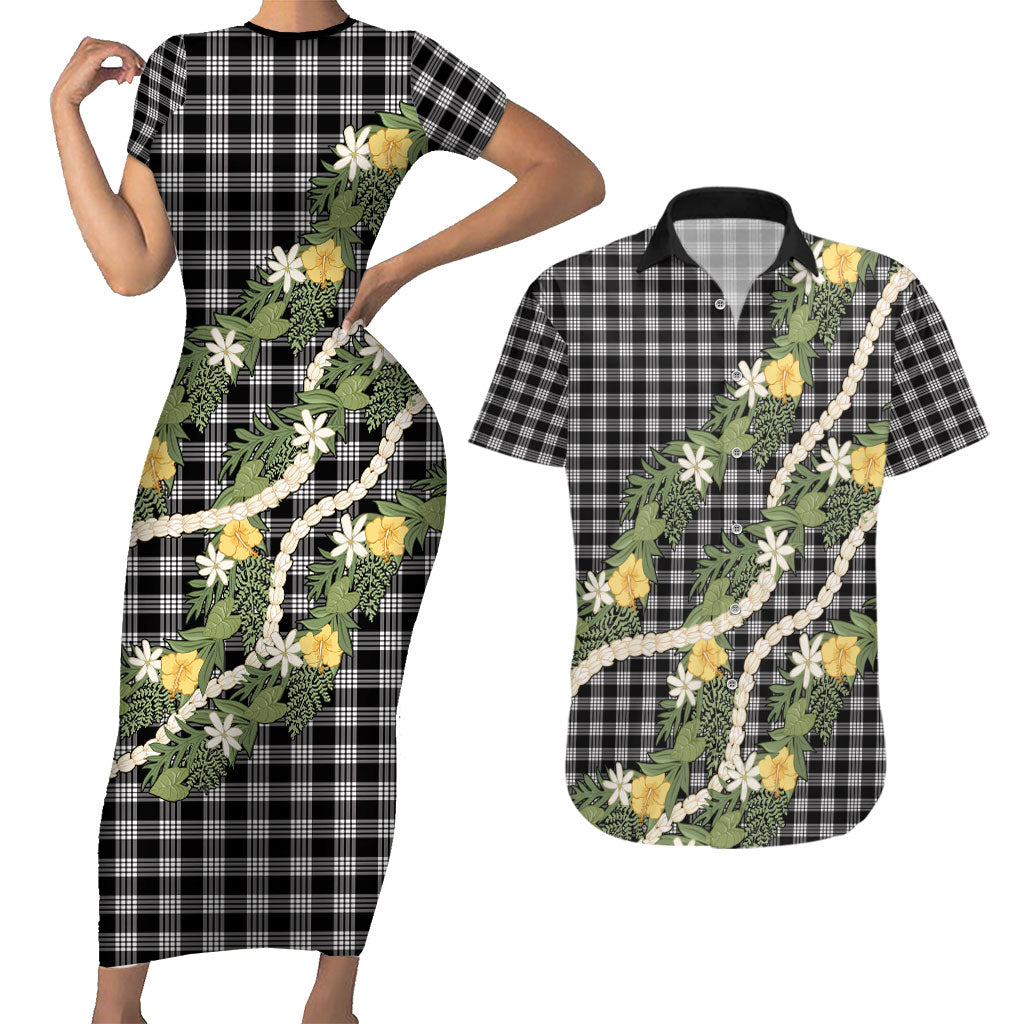 Aloha Puakenikeni Anthurium Pikake Lei Couples Matching Short Sleeve Bodycon Dress and Hawaiian Shirt Black Hawaiian Palaka Pattern LT9 Black - Polynesian Pride