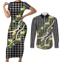 Aloha Puakenikeni Anthurium Pikake Lei Couples Matching Short Sleeve Bodycon Dress and Long Sleeve Button Shirt Black Hawaiian Palaka Pattern LT9 Black - Polynesian Pride