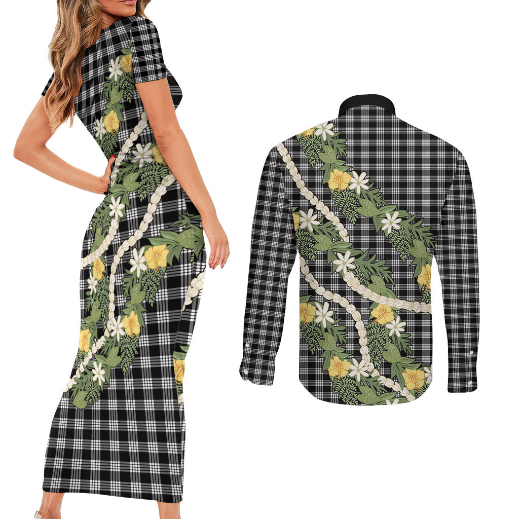 Aloha Puakenikeni Anthurium Pikake Lei Couples Matching Short Sleeve Bodycon Dress and Long Sleeve Button Shirt Black Hawaiian Palaka Pattern LT9 - Polynesian Pride