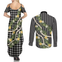 Aloha Puakenikeni Anthurium Pikake Lei Couples Matching Summer Maxi Dress and Long Sleeve Button Shirt Black Hawaiian Palaka Pattern LT9 - Polynesian Pride