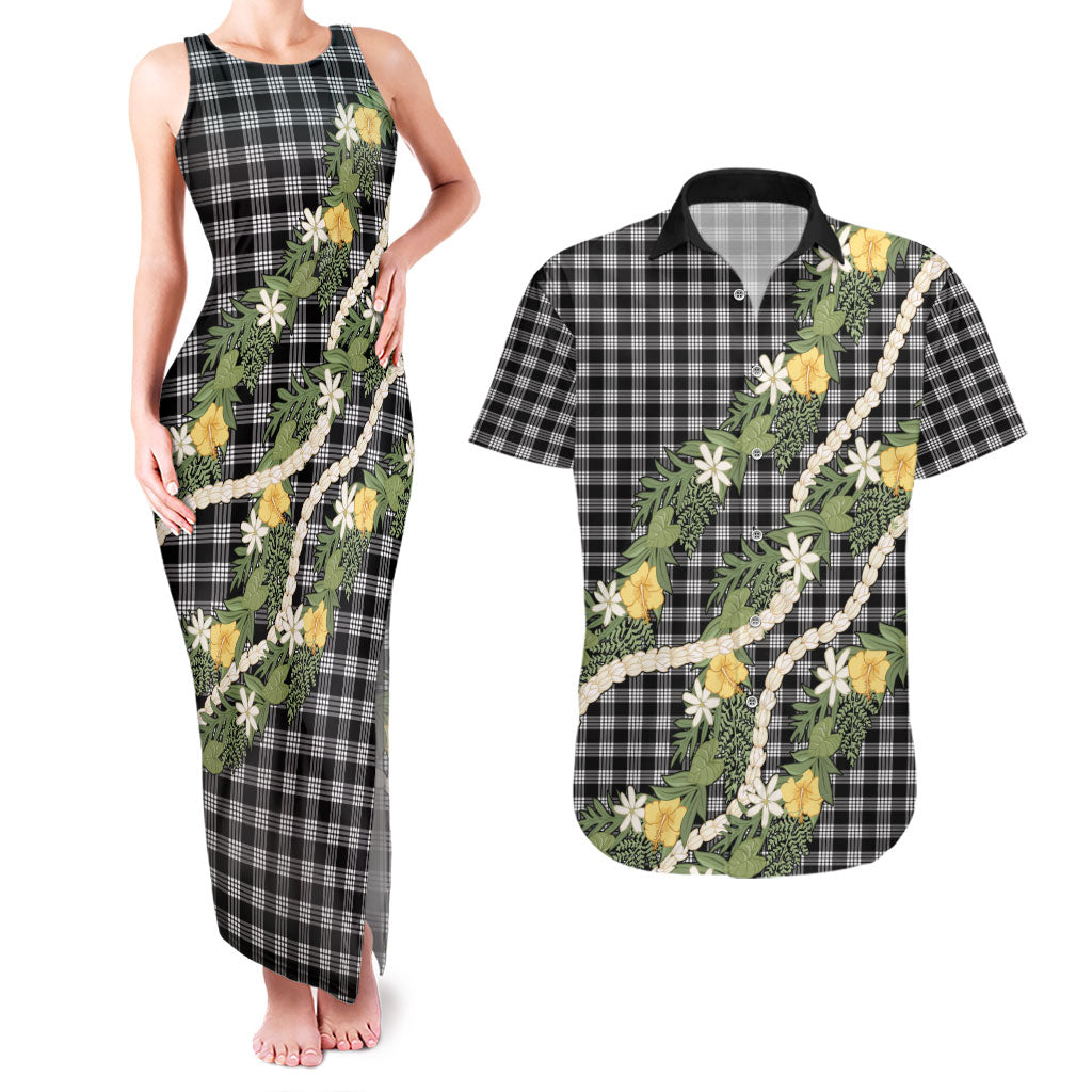 Aloha Puakenikeni Anthurium Pikake Lei Couples Matching Tank Maxi Dress and Hawaiian Shirt Black Hawaiian Palaka Pattern LT9 Black - Polynesian Pride