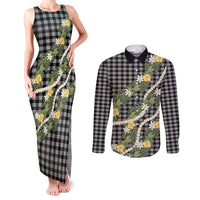 Aloha Puakenikeni Anthurium Pikake Lei Couples Matching Tank Maxi Dress and Long Sleeve Button Shirt Black Hawaiian Palaka Pattern LT9 Black - Polynesian Pride