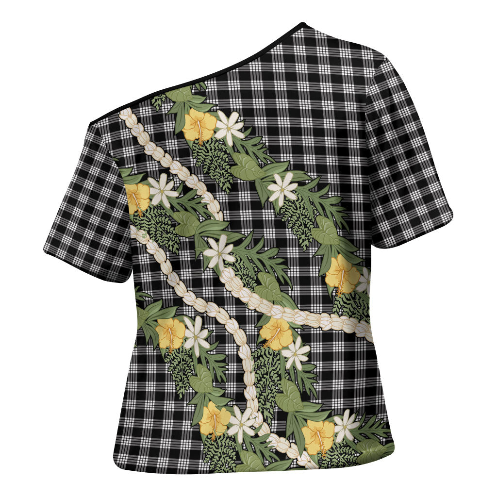 Aloha Puakenikeni Anthurium Pikake Lei Cross Shoulder Shirt Black Hawaiian Palaka Pattern