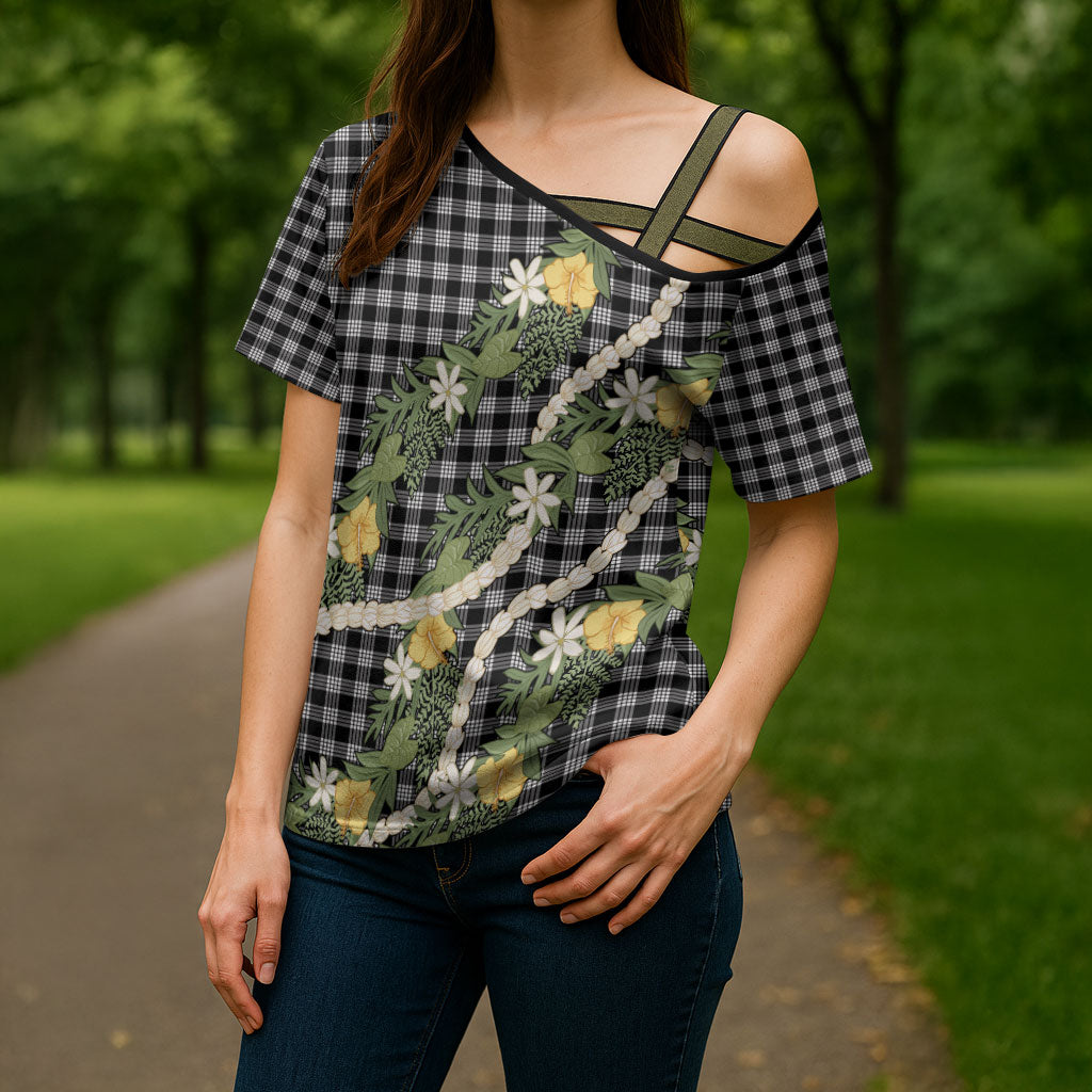 Aloha Puakenikeni Anthurium Pikake Lei Cross Shoulder Shirt Black Hawaiian Palaka Pattern