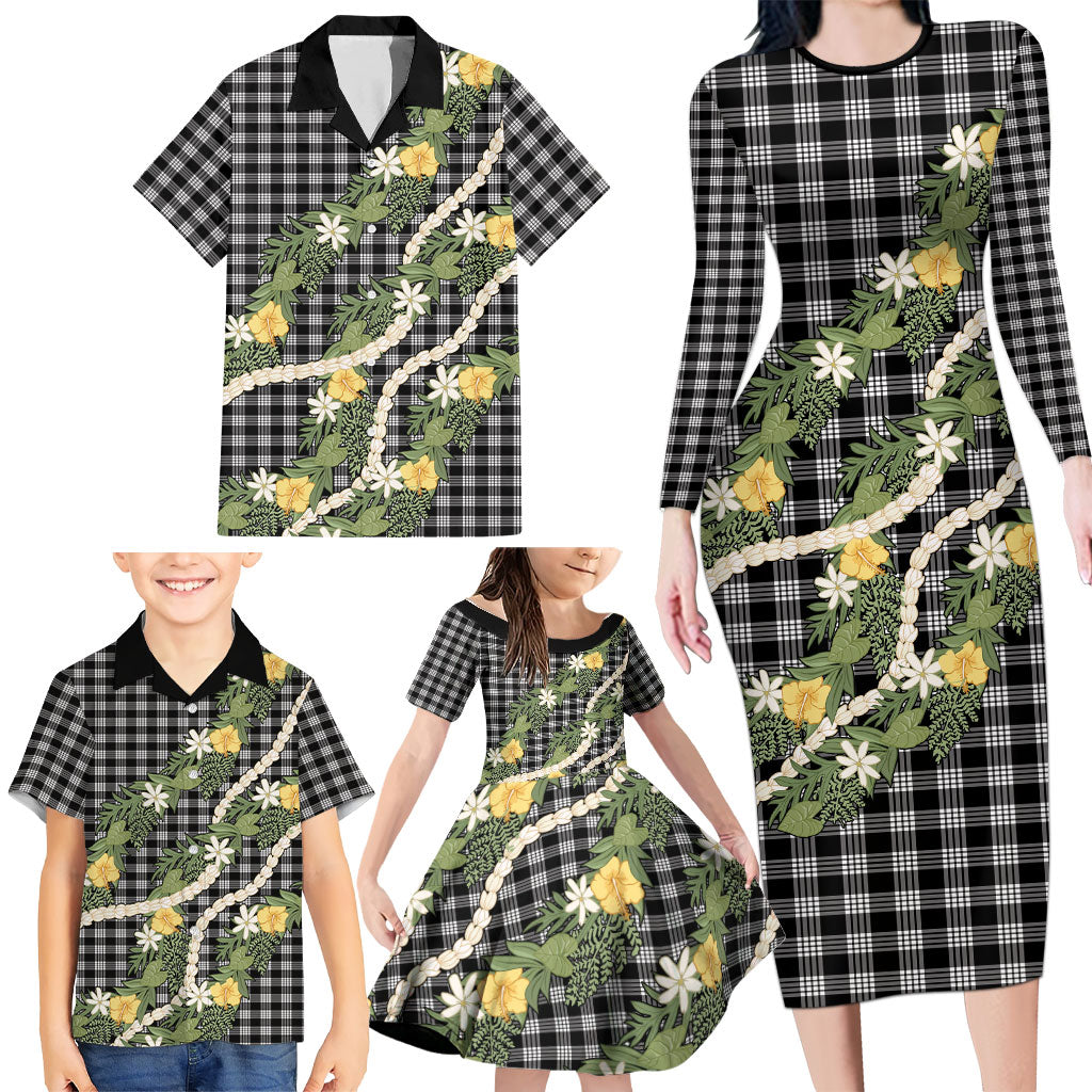 Aloha Puakenikeni Anthurium Pikake Lei Family Matching Long Sleeve Bodycon Dress and Hawaiian Shirt Black Hawaiian Palaka Pattern
