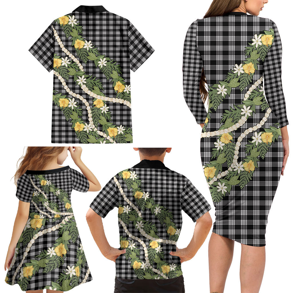 Aloha Puakenikeni Anthurium Pikake Lei Family Matching Long Sleeve Bodycon Dress and Hawaiian Shirt Black Hawaiian Palaka Pattern LT9 - Polynesian Pride