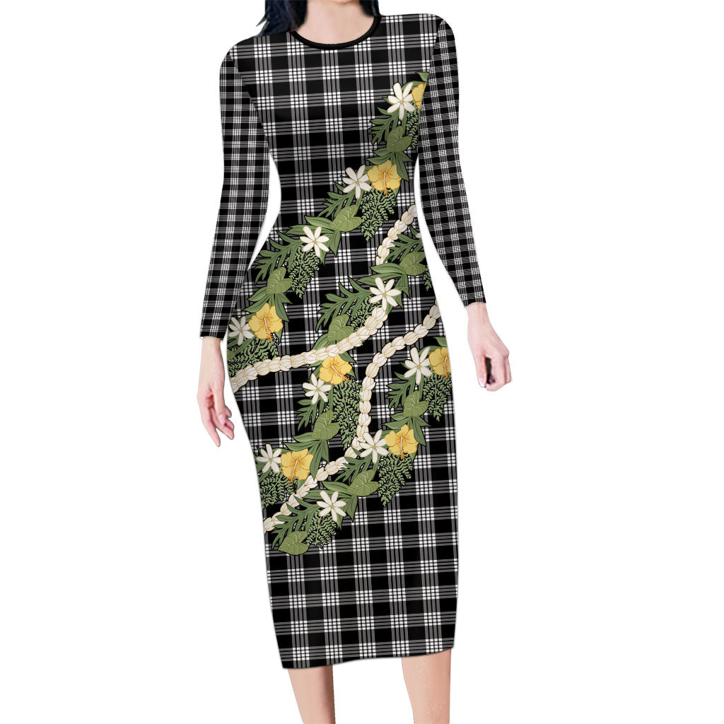 Aloha Puakenikeni Anthurium Pikake Lei Family Matching Long Sleeve Bodycon Dress and Hawaiian Shirt Black Hawaiian Palaka Pattern LT9 Mom's Dress Black - Polynesian Pride