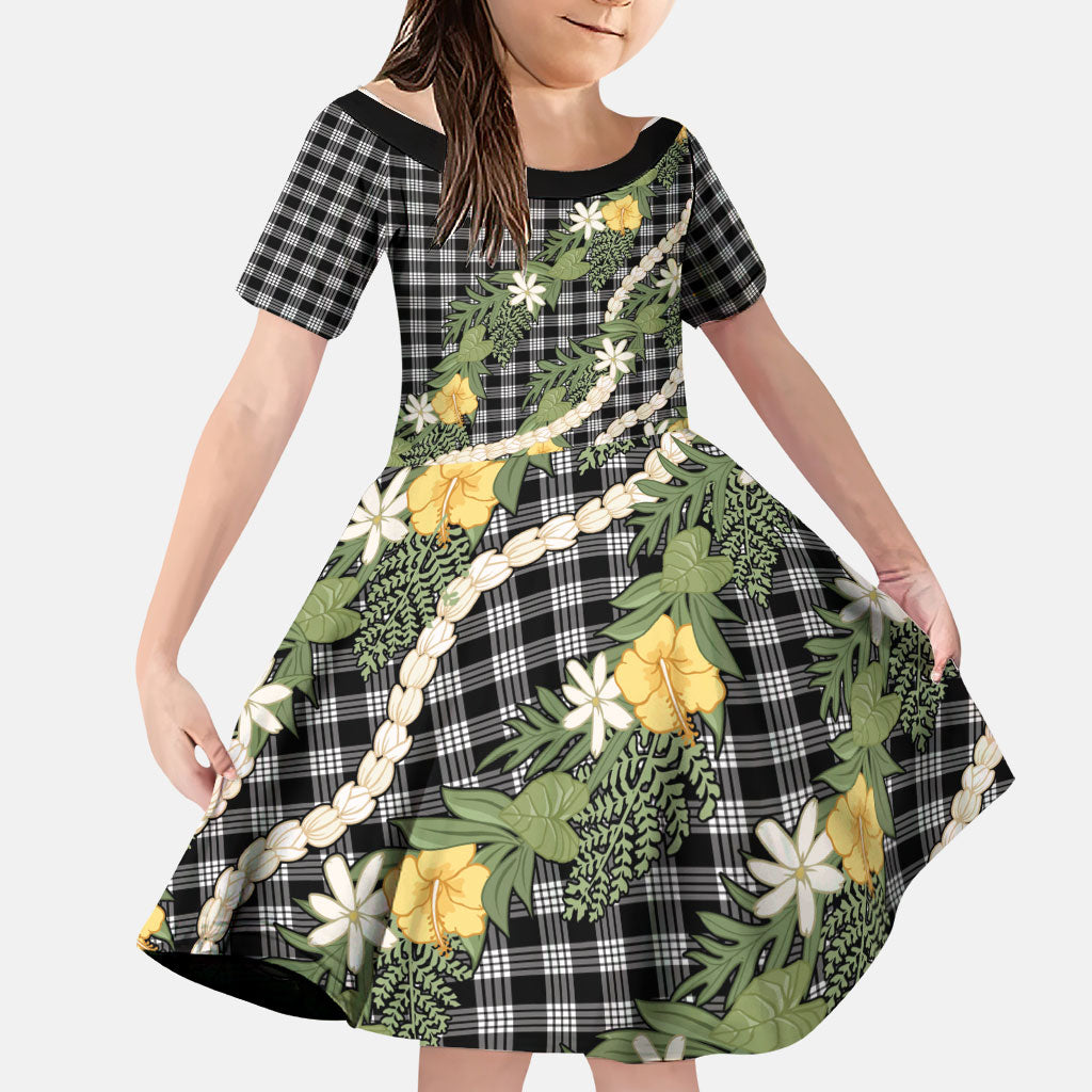 Aloha Puakenikeni Anthurium Pikake Lei Family Matching Off The Shoulder Long Sleeve Dress and Hawaiian Shirt Black Hawaiian Palaka Pattern LT9 Daughter's Dress Black - Polynesian Pride