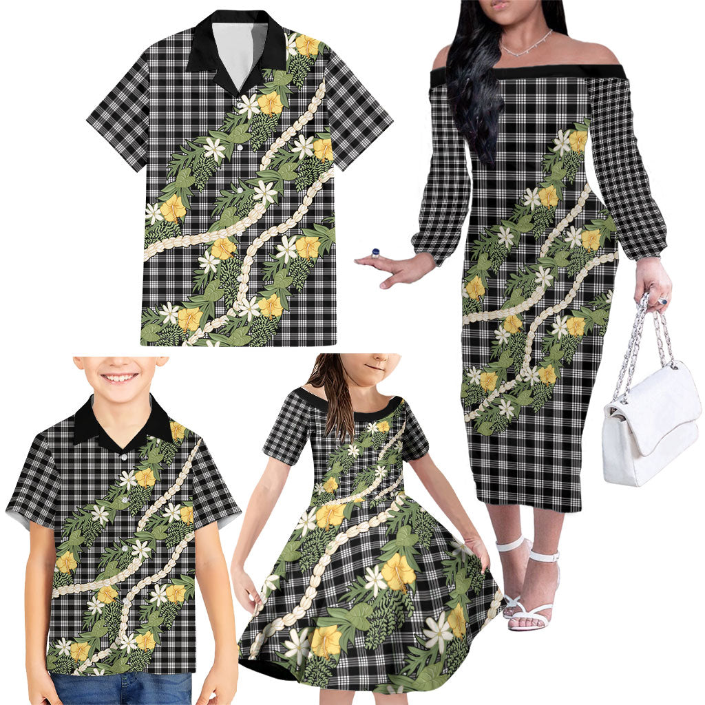 Aloha Puakenikeni Anthurium Pikake Lei Family Matching Off The Shoulder Long Sleeve Dress and Hawaiian Shirt Black Hawaiian Palaka Pattern LT9 - Polynesian Pride