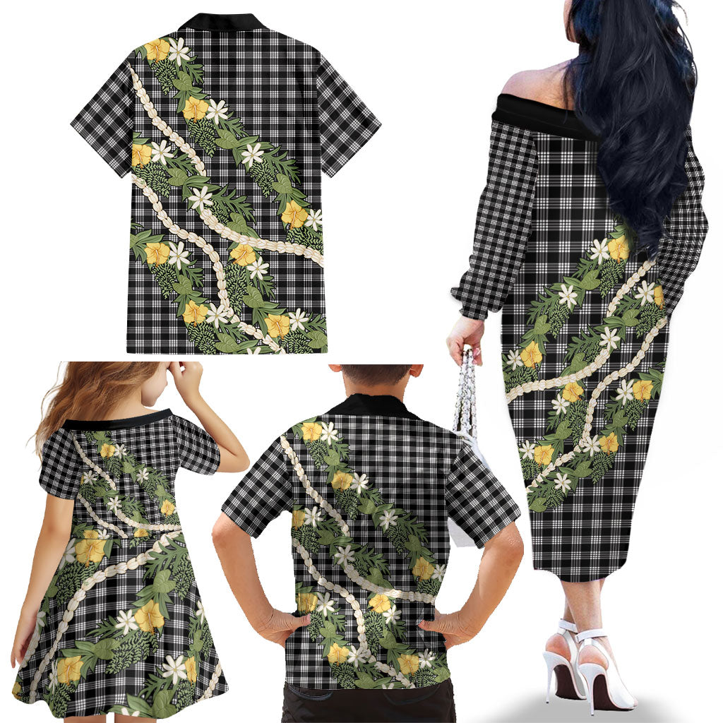 Aloha Puakenikeni Anthurium Pikake Lei Family Matching Off The Shoulder Long Sleeve Dress and Hawaiian Shirt Black Hawaiian Palaka Pattern LT9 - Polynesian Pride