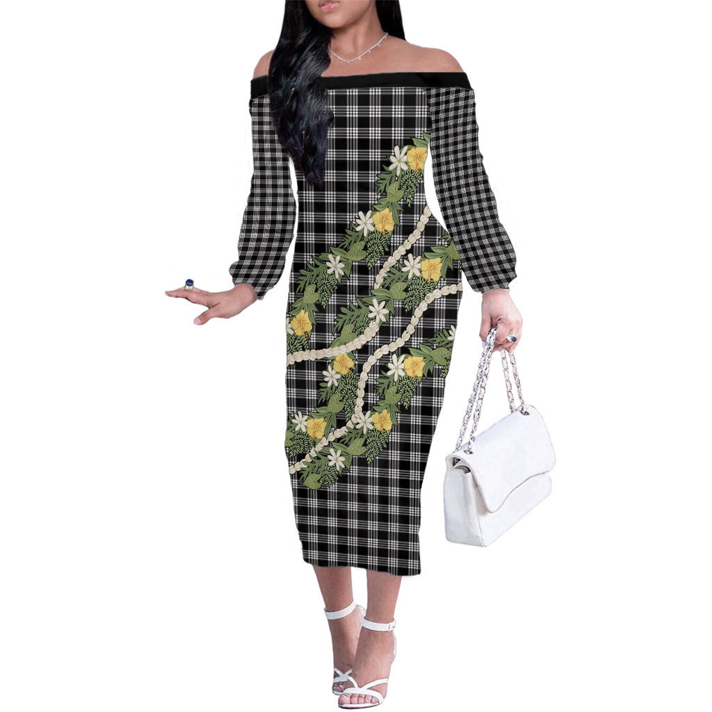 Aloha Puakenikeni Anthurium Pikake Lei Family Matching Off The Shoulder Long Sleeve Dress and Hawaiian Shirt Black Hawaiian Palaka Pattern LT9 Mom's Dress Black - Polynesian Pride