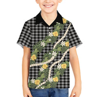 Aloha Puakenikeni Anthurium Pikake Lei Family Matching Off Shoulder Maxi Dress and Hawaiian Shirt Black Hawaiian Palaka Pattern LT9 Son's Shirt Black - Polynesian Pride