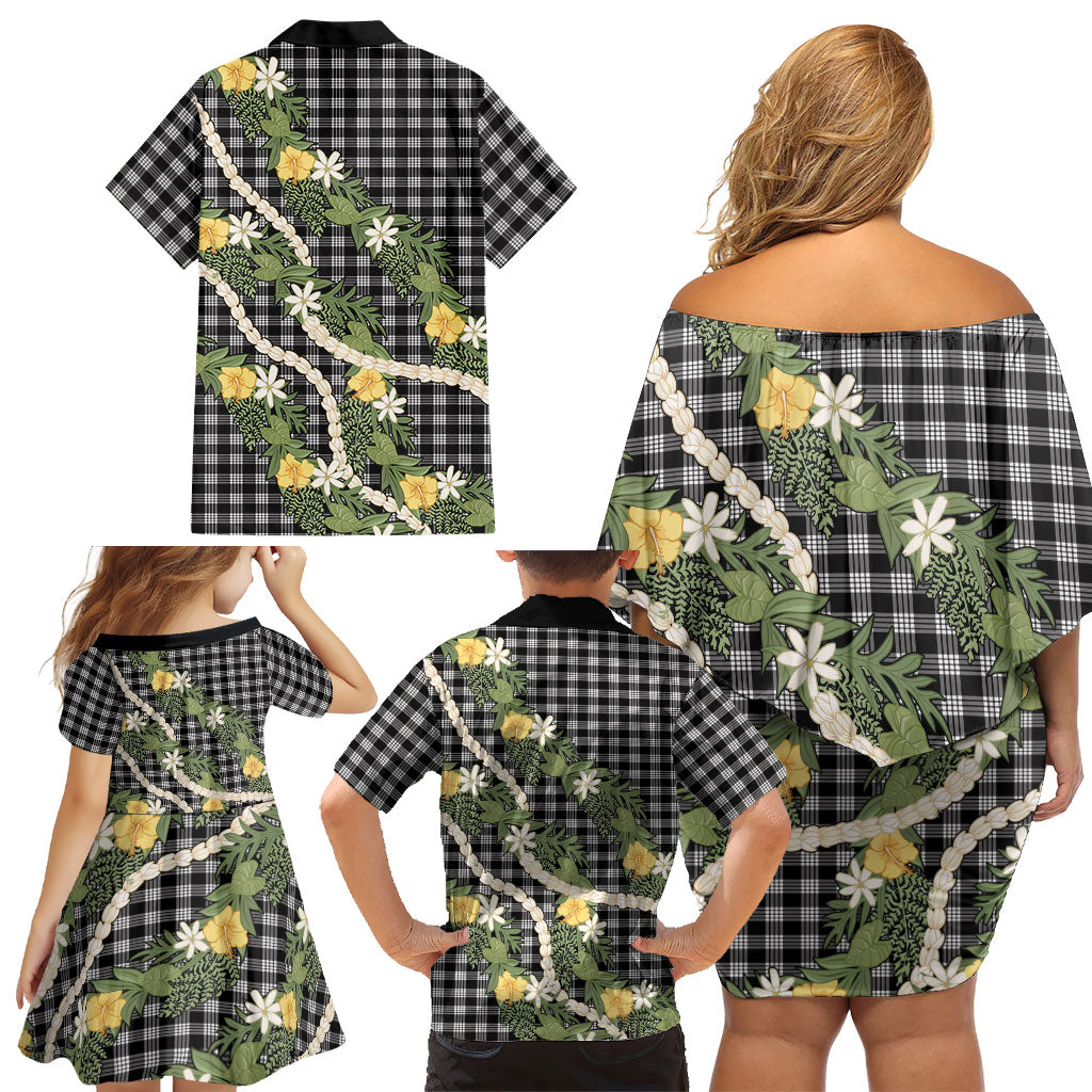 Aloha Puakenikeni Anthurium Pikake Lei Family Matching Off Shoulder Short Dress and Hawaiian Shirt Black Hawaiian Palaka Pattern LT9 - Polynesian Pride