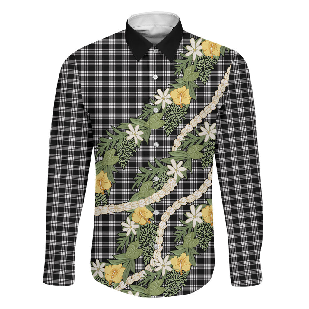 Aloha Puakenikeni Anthurium Pikake Lei Family Matching Off Shoulder Short Dress and Hawaiian Shirt Black Hawaiian Palaka Pattern LT9 Dad's Shirt - Long Sleeve Black - Polynesian Pride