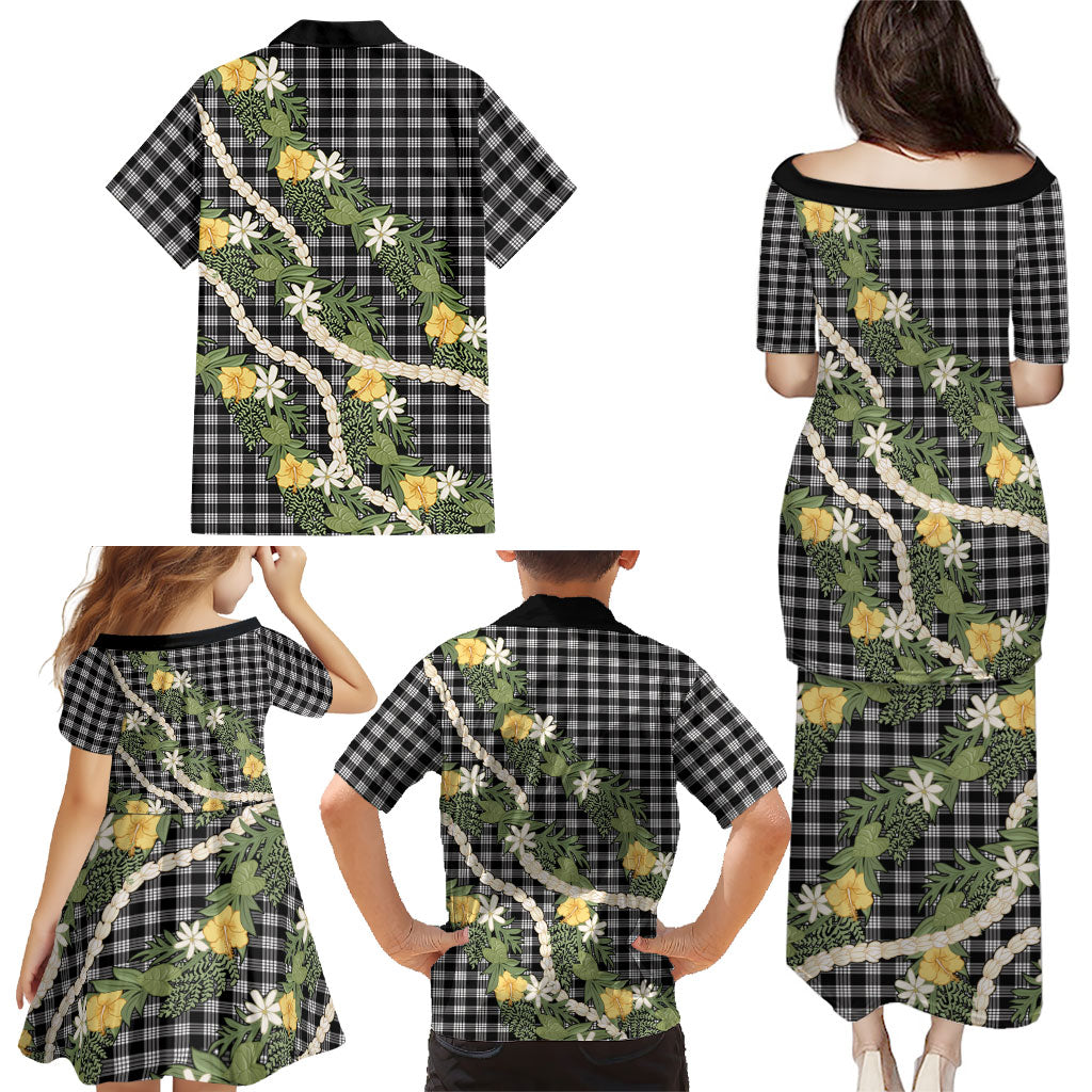 Aloha Puakenikeni Anthurium Pikake Lei Family Matching Puletasi and Hawaiian Shirt Black Hawaiian Palaka Pattern LT9 - Polynesian Pride