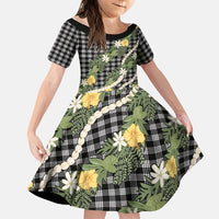 Aloha Puakenikeni Anthurium Pikake Lei Family Matching Short Sleeve Bodycon Dress and Hawaiian Shirt Black Hawaiian Palaka Pattern LT9 Daughter's Dress Black - Polynesian Pride