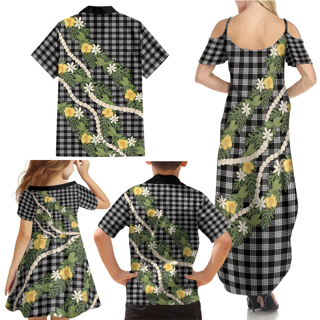 Aloha Puakenikeni Anthurium Pikake Lei Family Matching Summer Maxi Dress and Hawaiian Shirt Black Hawaiian Palaka Pattern LT9 - Polynesian Pride