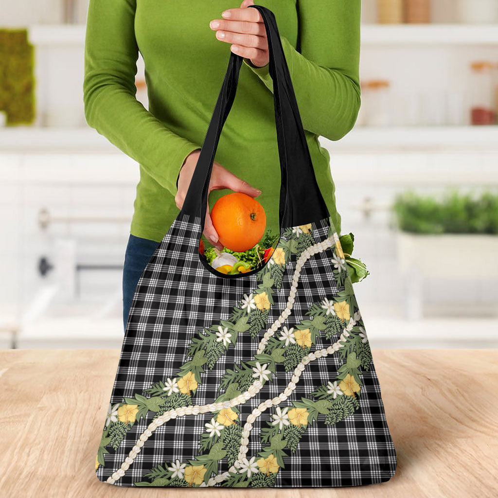 Aloha Puakenikeni Anthurium Pikake Lei Grocery Bag Black Hawaiian Palaka Pattern