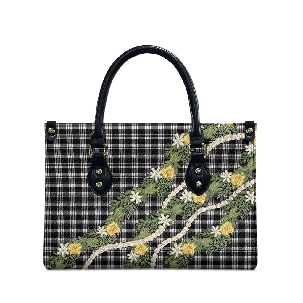Aloha Puakenikeni Anthurium Pikake Lei Leather Bag Black Hawaiian Palaka Pattern