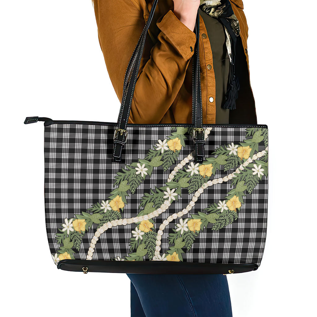 Aloha Puakenikeni Anthurium Pikake Lei Leather Tote Bag Black Hawaiian Palaka Pattern