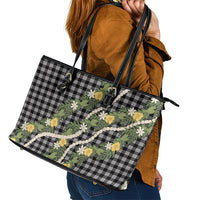 Aloha Puakenikeni Anthurium Pikake Lei Leather Tote Bag Black Hawaiian Palaka Pattern