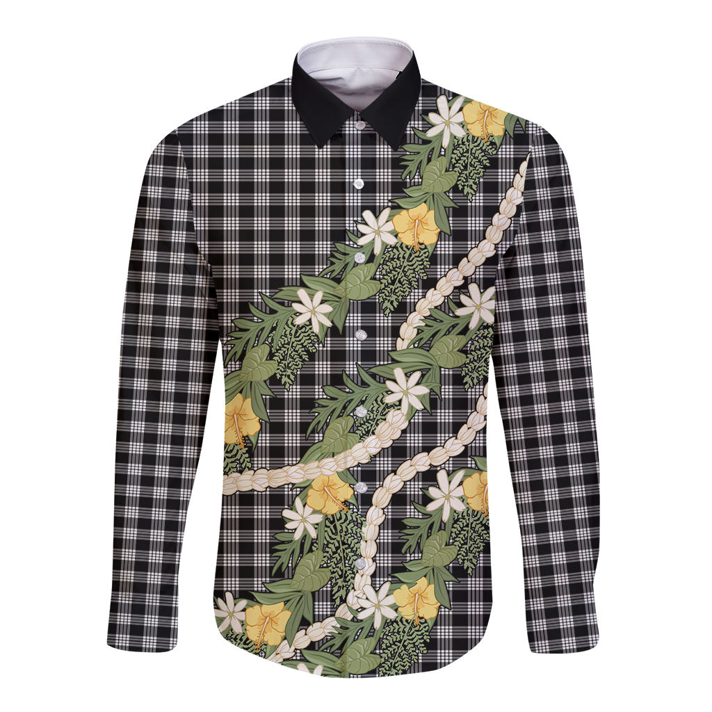 Aloha Puakenikeni Anthurium Pikake Lei Long Sleeve Button Shirt Black Hawaiian Palaka Pattern