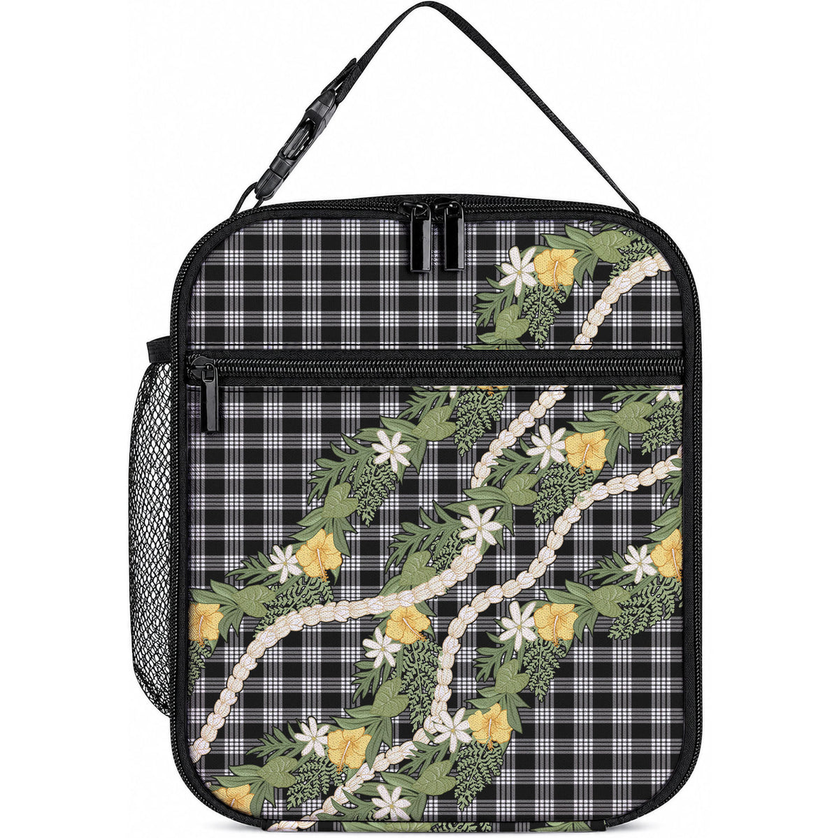Aloha Puakenikeni Anthurium Pikake Lei Lunch Bag Black Hawaiian Palaka Pattern LT9 10.2 × 8.3 × 4.3 inch Black - Polynesian Pride