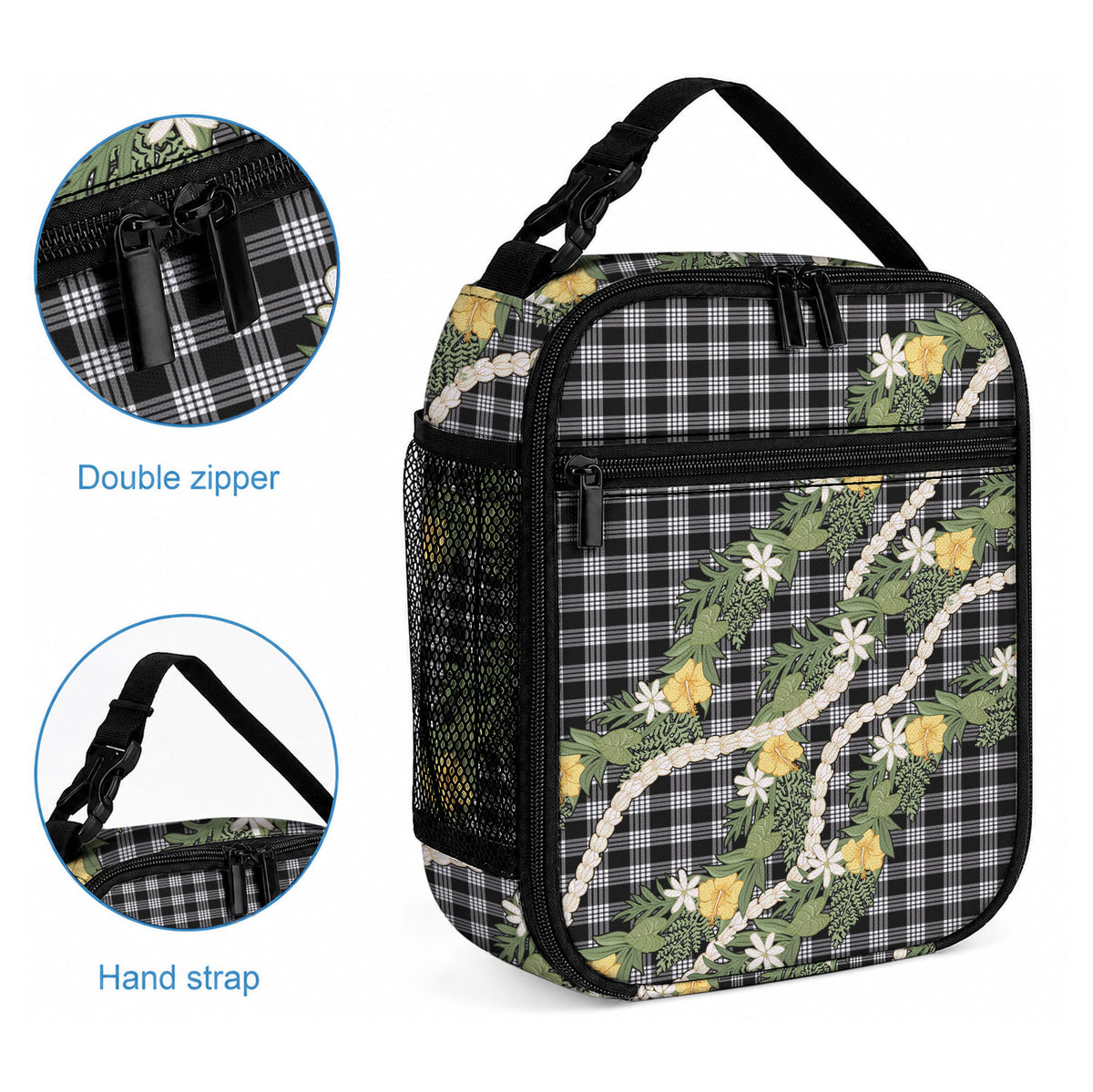 Aloha Puakenikeni Anthurium Pikake Lei Lunch Bag Black Hawaiian Palaka Pattern LT9 - Polynesian Pride